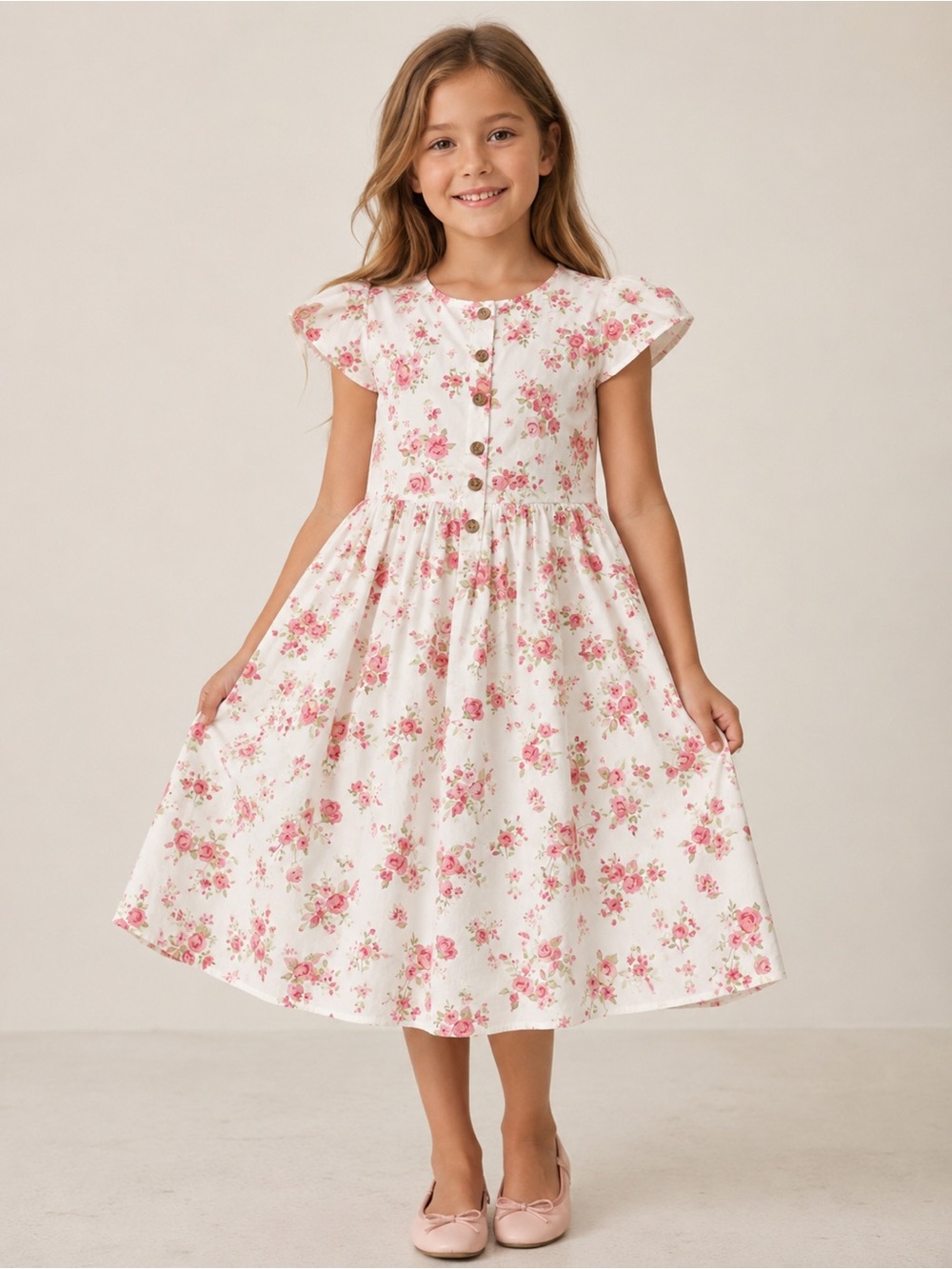 Girls White Dress with Pink Floral Print - Classic Button-Front
